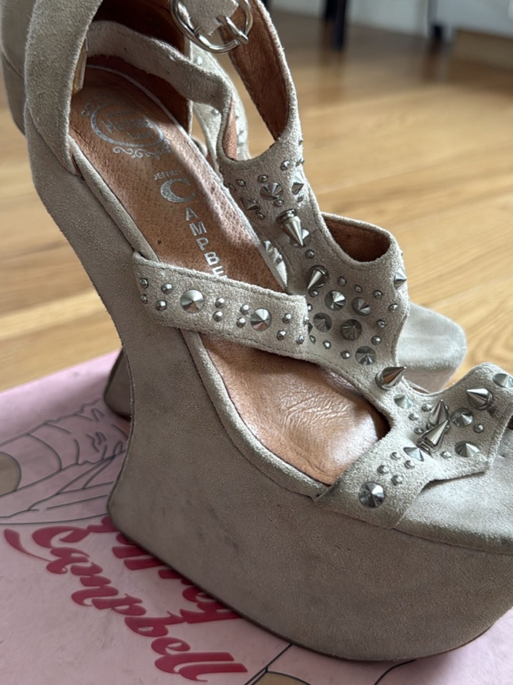 Jeffrey Campbell Taupe Suede Studded Platform Wedges with Ankle Strap